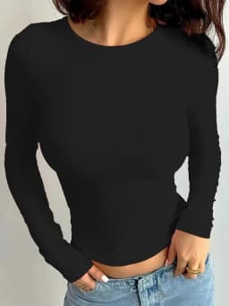 2026 Summer Solid Crew Neck T-Shirt Casual Long Sleeve Top For Spring & Fall,Women's Clothing