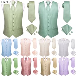 Sage Green Solid Floral Mens Suit Vests 4PC Woven Blue Waistcoat Tie Pocket Square Cufflinks Business Wedding Dress Waist Jacket