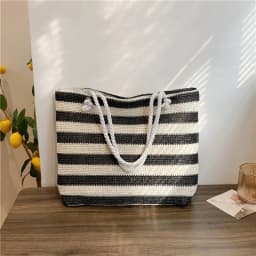 Ladies Summer Daily Bag Straw Shoulder Bag Trendy Color Contrast Beach Handbag Women Large Capacity Simple Shoulder Bag