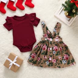3PCS Newborn Baby Girl Christmas Clothes Set Short Sleeve Romper+Suspender Skirt+Headband Clothing Set for Toddler 0-18 Months