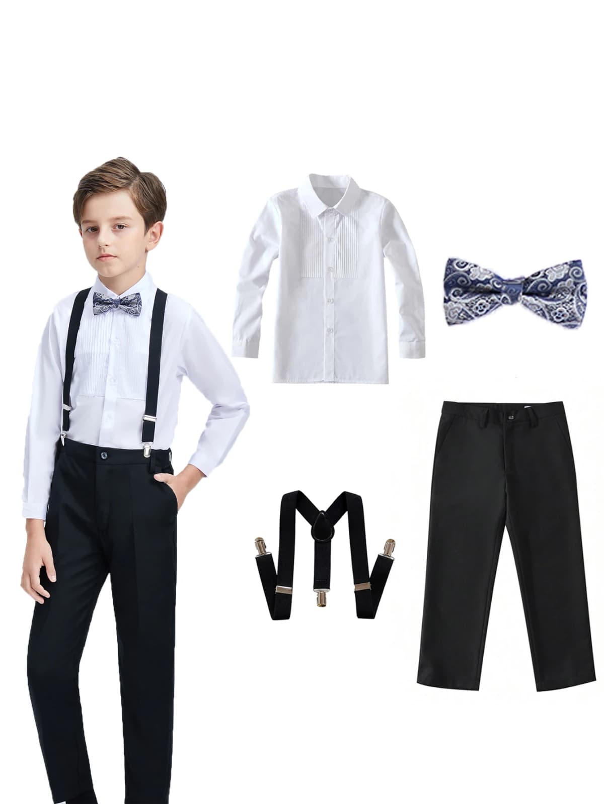 4pcs/set Boys' Suit Set With Shirt , Pants Tie And Straps School Uniforms