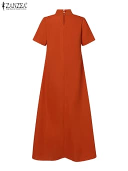 ZANZEA Summer High Collar Kleid Robes Casual Loose Party Long Dresses Women Short Sleeve Maxi Dress Elegant Solid 2023 Vestidos