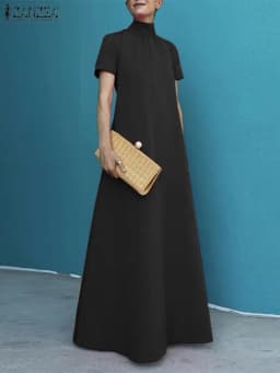 ZANZEA Summer High Collar Kleid Robes Casual Loose Party Long Dresses Women Short Sleeve Maxi Dress Elegant Solid 2023 Vestidos