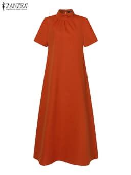 ZANZEA Summer High Collar Kleid Robes Casual Loose Party Long Dresses Women Short Sleeve Maxi Dress Elegant Solid 2023 Vestidos