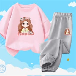 2pcs Girls Clothes Cute Cat Short-sleeved Children T-shirts + Pants Suit Cotton Kids Clothing Sets Summer Kids Outfit