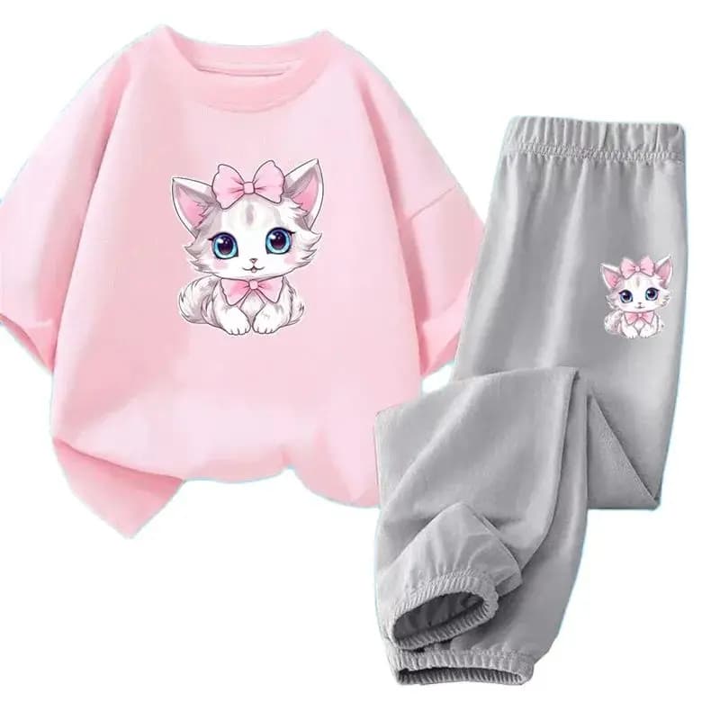 2pcs Girls Clothes Cute Cat Short-sleeved Children T-shirts + Pants Suit Cotton Kids Clothing Sets Summer Kids Outfit