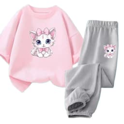 2pcs Girls Clothes Cute Cat Short-sleeved Children T-shirts + Pants Suit Cotton Kids Clothing Sets Summer Kids Outfit