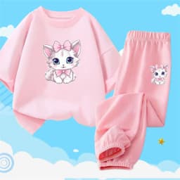 2pcs Girls Clothes Cute Cat Short-sleeved Children T-shirts + Pants Suit Cotton Kids Clothing Sets Summer Kids Outfit