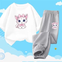 2pcs Girls Clothes Cute Cat Short-sleeved Children T-shirts + Pants Suit Cotton Kids Clothing Sets Summer Kids Outfit