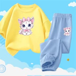 2pcs Girls Clothes Cute Cat Short-sleeved Children T-shirts + Pants Suit Cotton Kids Clothing Sets Summer Kids Outfit