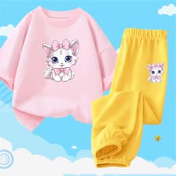 2pcs Girls Clothes Cute Cat Short-sleeved Children T-shirts + Pants Suit Cotton Kids Clothing Sets Summer Kids Outfit