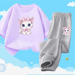 2pcs Girls Clothes Cute Cat Short-sleeved Children T-shirts + Pants Suit Cotton Kids Clothing Sets Summer Kids Outfit