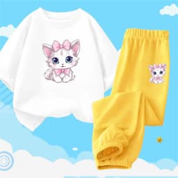2pcs Girls Clothes Cute Cat Short-sleeved Children T-shirts + Pants Suit Cotton Kids Clothing Sets Summer Kids Outfit