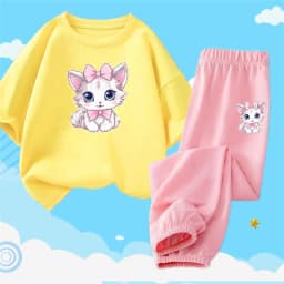 2pcs Girls Clothes Cute Cat Short-sleeved Children T-shirts + Pants Suit Cotton Kids Clothing Sets Summer Kids Outfit