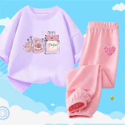 2pcs Girls Clothes Cute Cat Short-sleeved Children T-shirts + Pants Suit Cotton Kids Clothing Sets Summer Kids Outfit