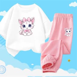 2pcs Girls Clothes Cute Cat Short-sleeved Children T-shirts + Pants Suit Cotton Kids Clothing Sets Summer Kids Outfit