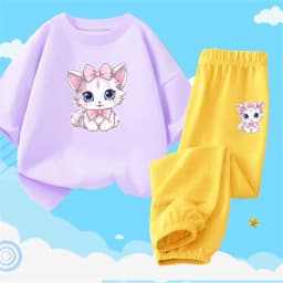 2pcs Girls Clothes Cute Cat Short-sleeved Children T-shirts + Pants Suit Cotton Kids Clothing Sets Summer Kids Outfit