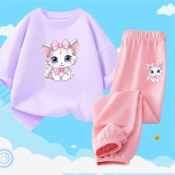 2pcs Girls Clothes Cute Cat Short-sleeved Children T-shirts + Pants Suit Cotton Kids Clothing Sets Summer Kids Outfit