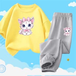 2pcs Girls Clothes Cute Cat Short-sleeved Children T-shirts + Pants Suit Cotton Kids Clothing Sets Summer Kids Outfit