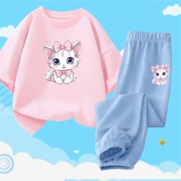 2pcs Girls Clothes Cute Cat Short-sleeved Children T-shirts + Pants Suit Cotton Kids Clothing Sets Summer Kids Outfit