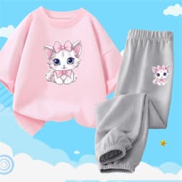 2pcs Girls Clothes Cute Cat Short-sleeved Children T-shirts + Pants Suit Cotton Kids Clothing Sets Summer Kids Outfit