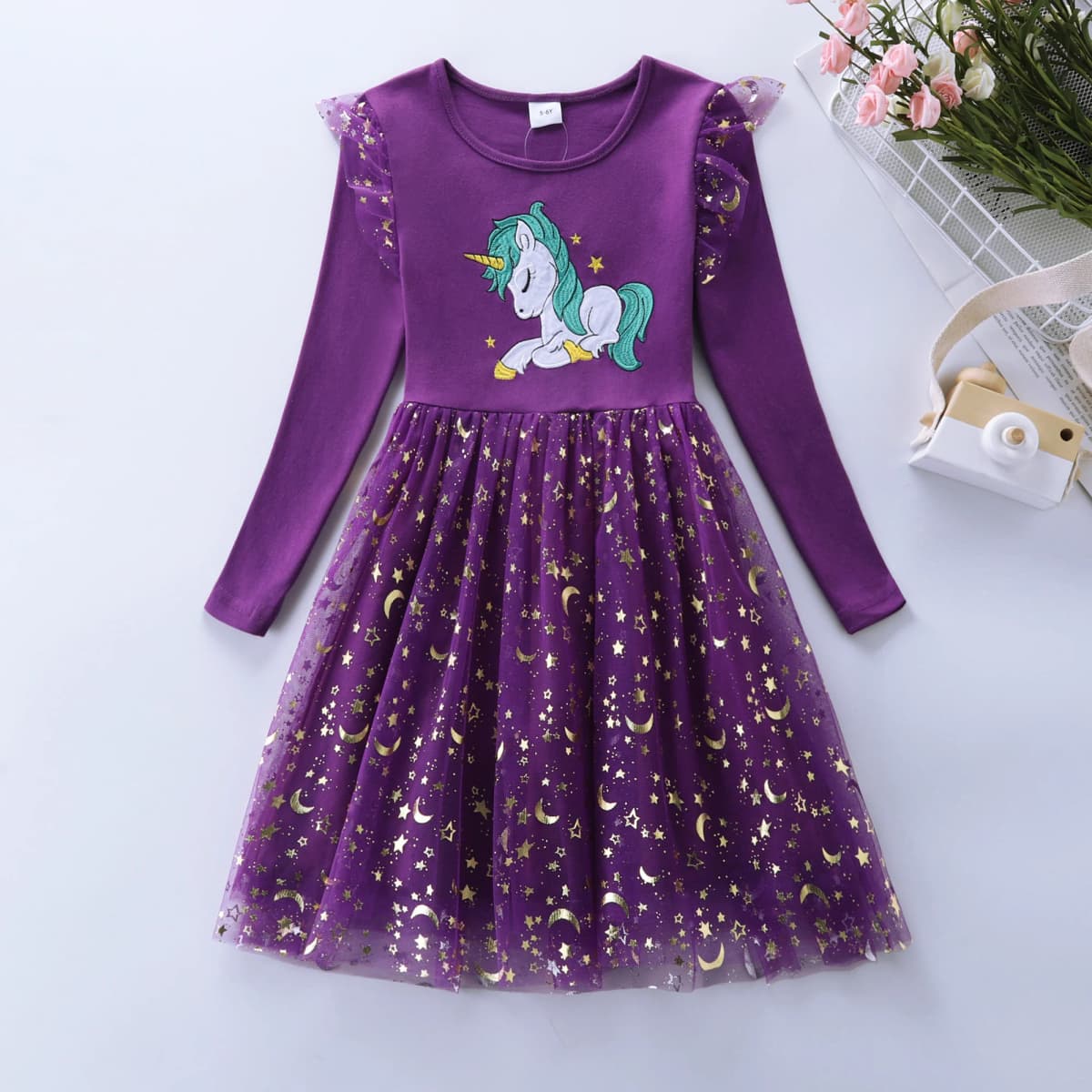 Girl's Spring Unicorn Embroidered Long Sleeved Mesh Spliced Cotton Party Princess Dress LH1701