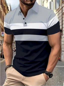 Men's short sleeve chest three stripes color matching fashion with men's lapel short sleeve men's fashion casual top T-shirt