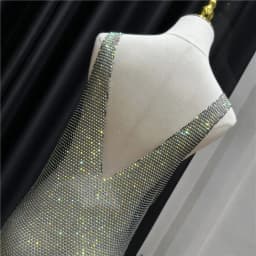 Sexy See Through Rhinestone Club Dress Women Deep V-neck Sexy Diamond Mesh Base Glitter Crystal Backless  Evening  Dresses 92CM