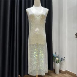 Sexy See Through Rhinestone Club Dress Women Deep V-neck Sexy Diamond Mesh Base Glitter Crystal Backless  Evening  Dresses 92CM