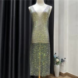 Sexy See Through Rhinestone Club Dress Women Deep V-neck Sexy Diamond Mesh Base Glitter Crystal Backless  Evening  Dresses 92CM