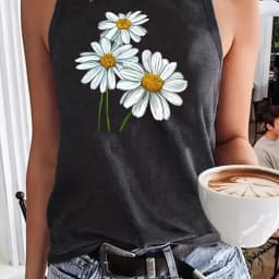 Women's Summer Floral Print Crew Neck Breathable Loose Large Breathable and Comfortable Sleeveless Tank Top T-shirt