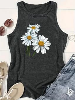 Women's Summer Floral Print Crew Neck Breathable Loose Large Breathable and Comfortable Sleeveless Tank Top T-shirt
