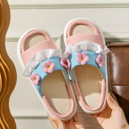 Platform Slippers Women Home Cartoon Cute Flower Designer Shoes Girls Casual House Cotton Linen Slides Flats Indoor Open Toe