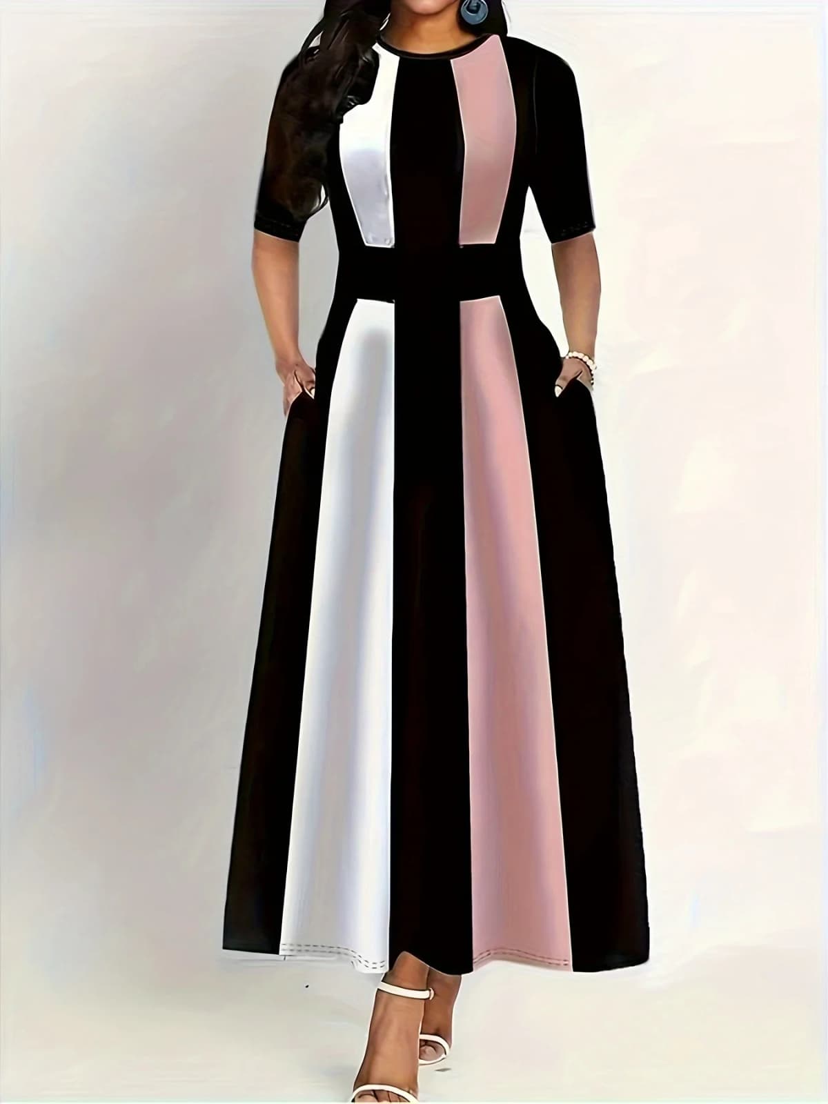 Plus size summer new women's clothing dress, elegant slim fit, fashionable and contrasting color dress for commuting