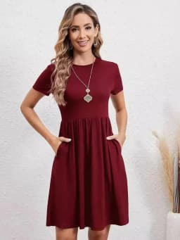 Elastic Waist Short Sleeve Dress Knitted Round Neck Short Sleeve Dress
