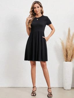 Elastic Waist Short Sleeve Dress Knitted Round Neck Short Sleeve Dress