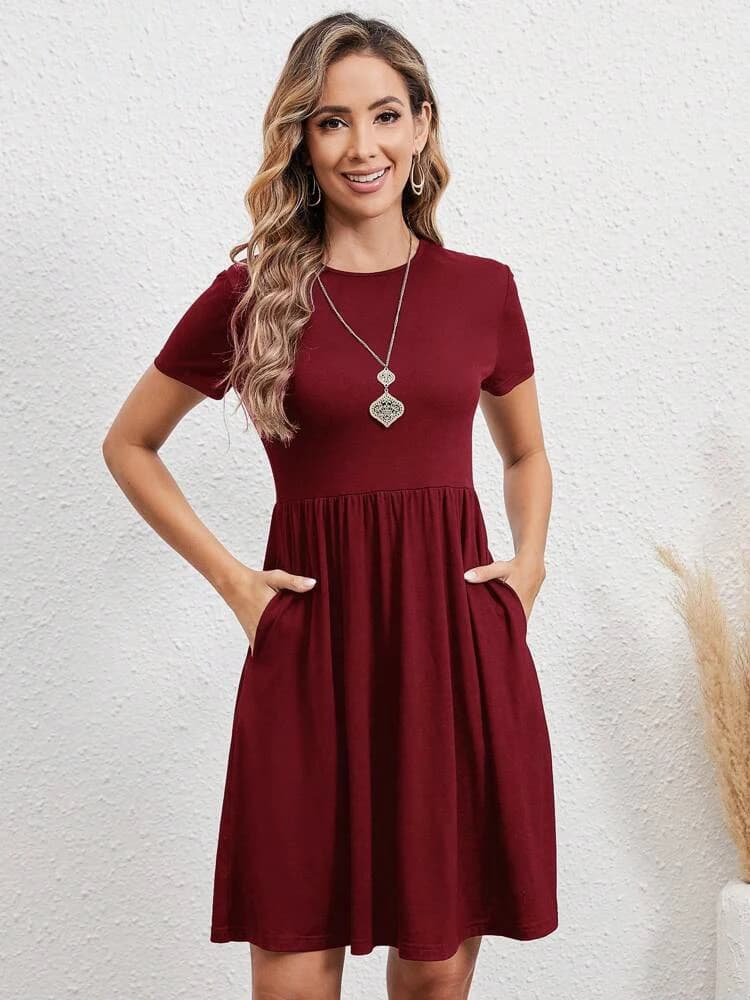 Elastic Waist Short Sleeve Dress Knitted Round Neck Short Sleeve Dress