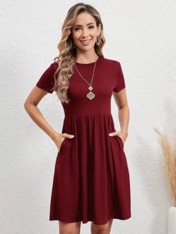 Elastic Waist Short Sleeve Dress Knitted Round Neck Short Sleeve Dress