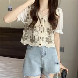 Women Crochet Knit Top with Chiffon Half Sleeve V-Neck Button Down Embroidery Floral Blouse Cardigan Spring Summer Boho Festival