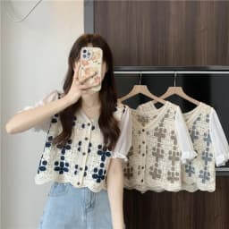Women Crochet Knit Top with Chiffon Half Sleeve V-Neck Button Down Embroidery Floral Blouse Cardigan Spring Summer Boho Festival