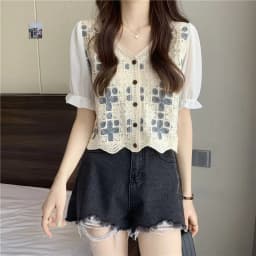 Women Crochet Knit Top with Chiffon Half Sleeve V-Neck Button Down Embroidery Floral Blouse Cardigan Spring Summer Boho Festival