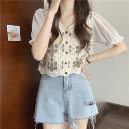 Women Crochet Knit Top with Chiffon Half Sleeve V-Neck Button Down Embroidery Floral Blouse Cardigan Spring Summer Boho Festival