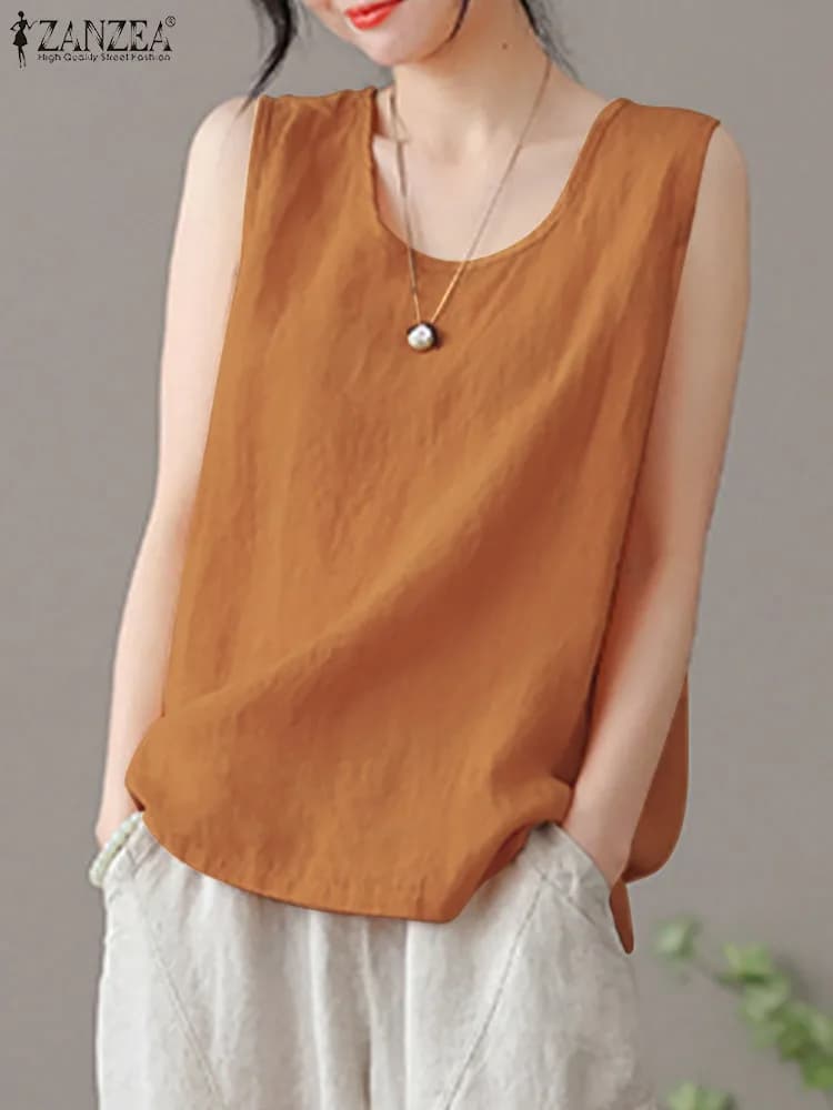 2024 ZANZEA Summer Tanks Tops Women Fashion Sleeveless O Neck Blouse Elegant Solid OL Work Shirt Beach Vest Tunic Mujer Oversize