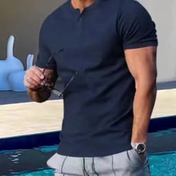 Summer New Trend Men's Buttondown Henry Crew Neck Short Sleeve Men's Slim Solid Color T-Shirt