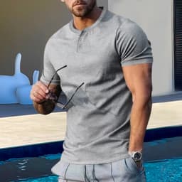 Summer New Trend Men's Buttondown Henry Crew Neck Short Sleeve Men's Slim Solid Color T-Shirt