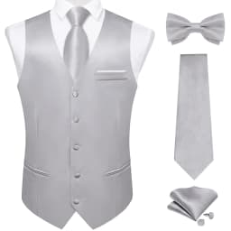 Elegant Grey Solid Suit Vest with Pocket Satin Waistcoat Necktie Bow Tie Handkerchief Cufflinks for Tuxedo Wedding Prom
