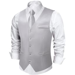 Elegant Grey Solid Suit Vest with Pocket Satin Waistcoat Necktie Bow Tie Handkerchief Cufflinks for Tuxedo Wedding Prom