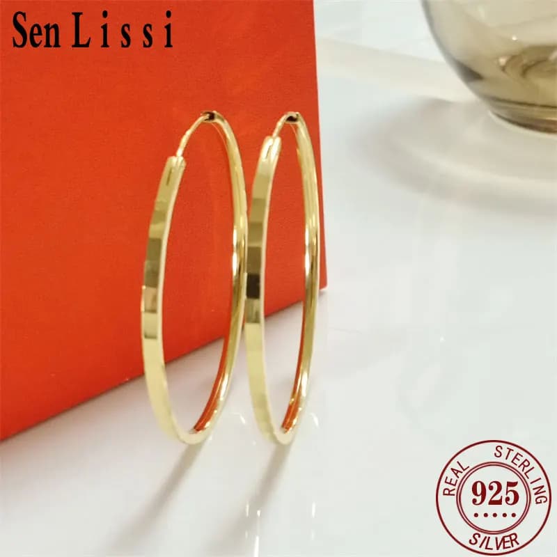 Senlissi - New Fashion 925 Sterling Silver 18K Gold Plated Hoop Earrings For Women 2.0mm Earring Cерьги Kольца 30/40/50/60MM