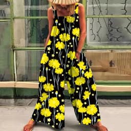 Loose Casual Lazy Wind Oversize Print Suspenders One-Piece Pants 2024 Summer New Straps Broad Leg One-Piece Pants Woman