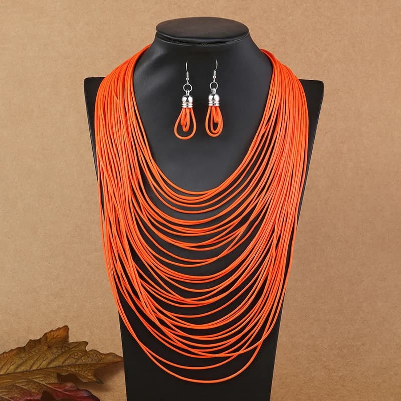 Colorful Multi-layer Leather Cord Wax Rope Chain Necklace Jewelry Set For Women String Cord Necklace Earrings Set Jewelry Gifts
